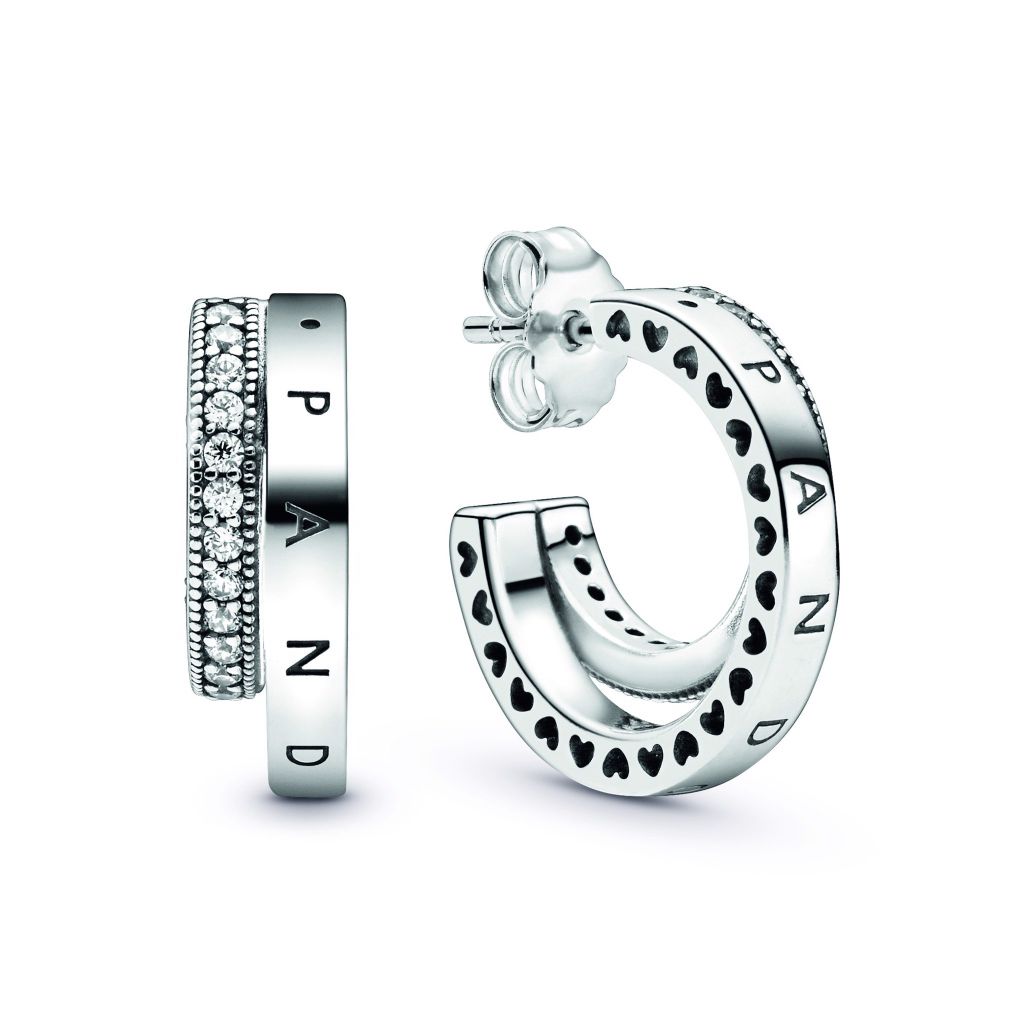 Pandora logo sterling silver hoop earrings with CZ