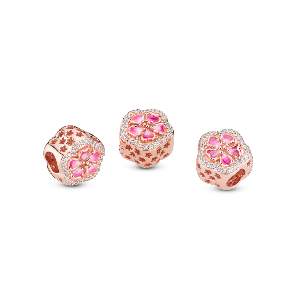 Flower 14k rose gold-plated charm with CZ and pink enamel