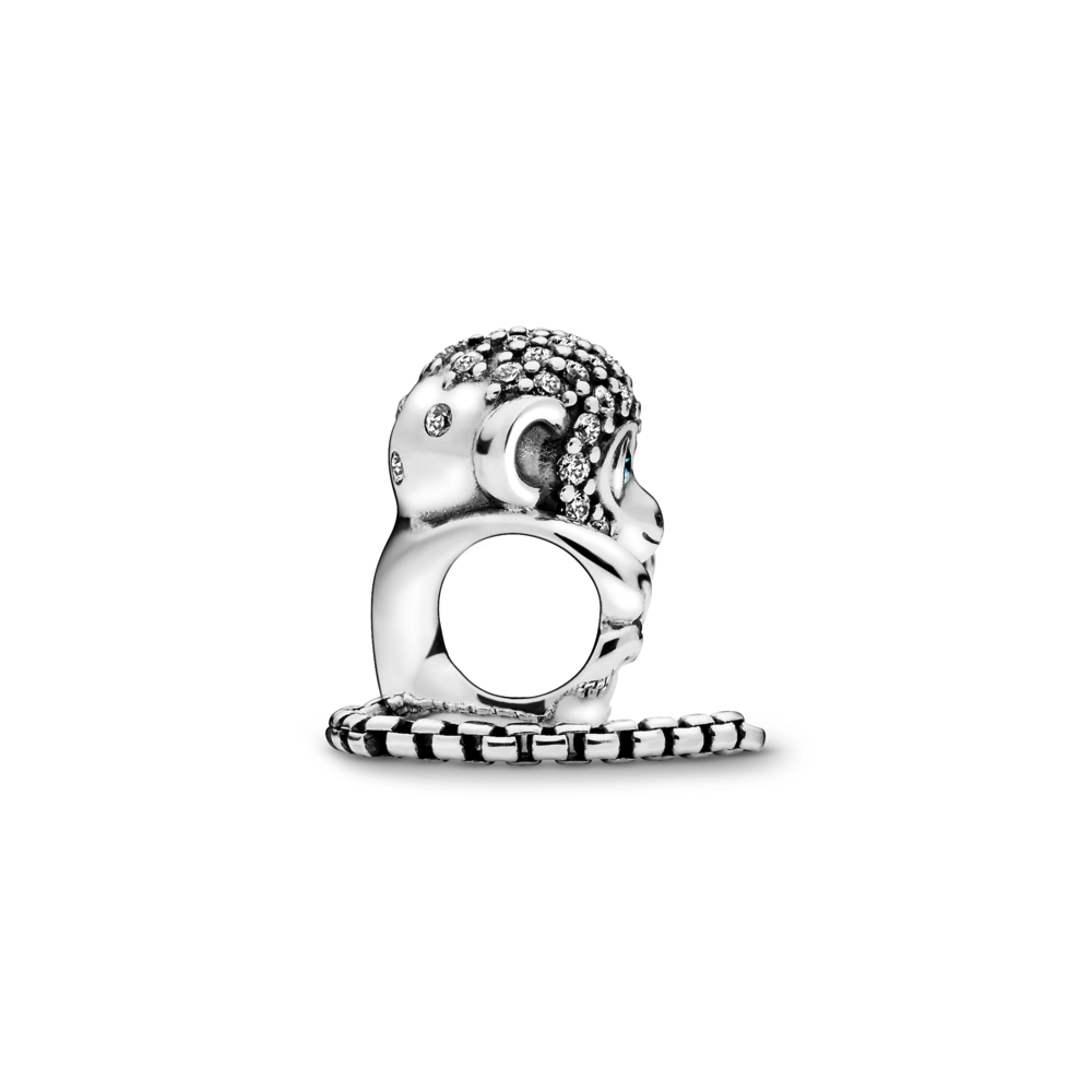 Monkey silver charm with clear and teal CZ