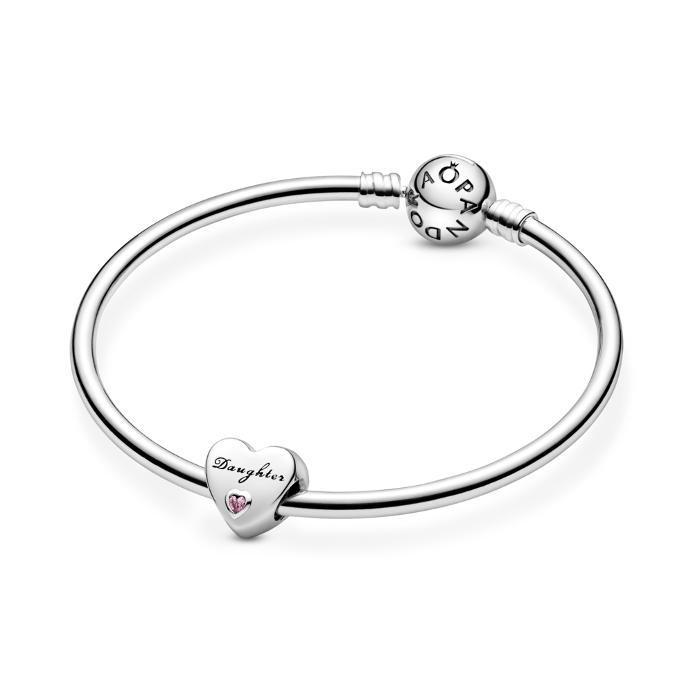 Daughter heart silver charm with pink CZ