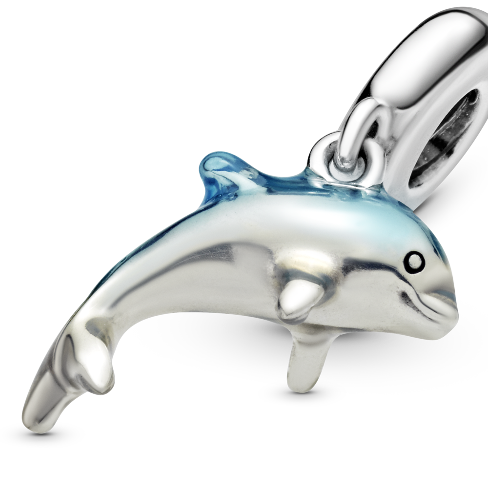 Dolphin sterling silver dangle with icy green crystal and blue enamel