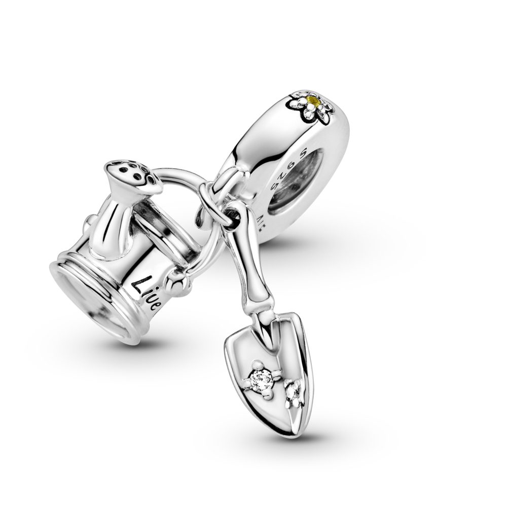 Watering can and trowel sterling silver dangle with blazing yellow crystal and CZ