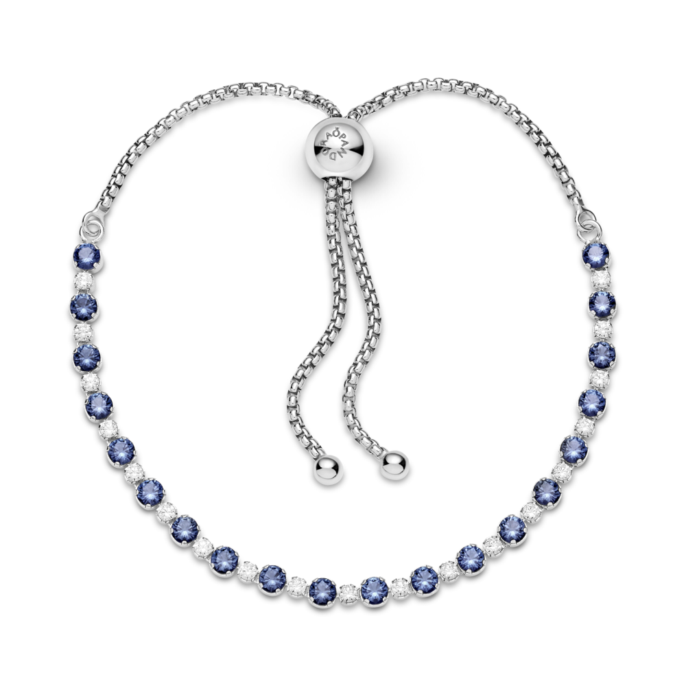 Rhodium plated sterling silver bracelet with moonlight blue crystal and CZ