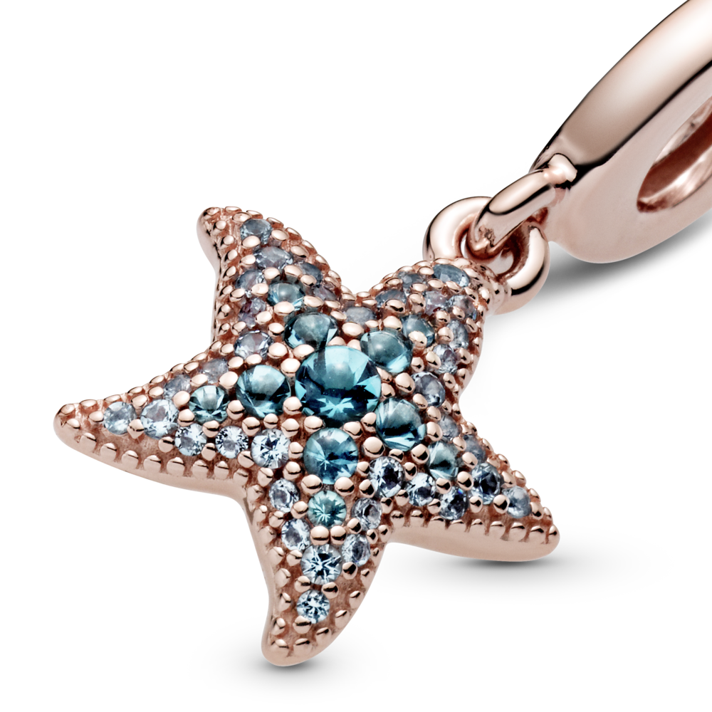 Starfish Pandora Rose dangle with icy blue and ice green crystal