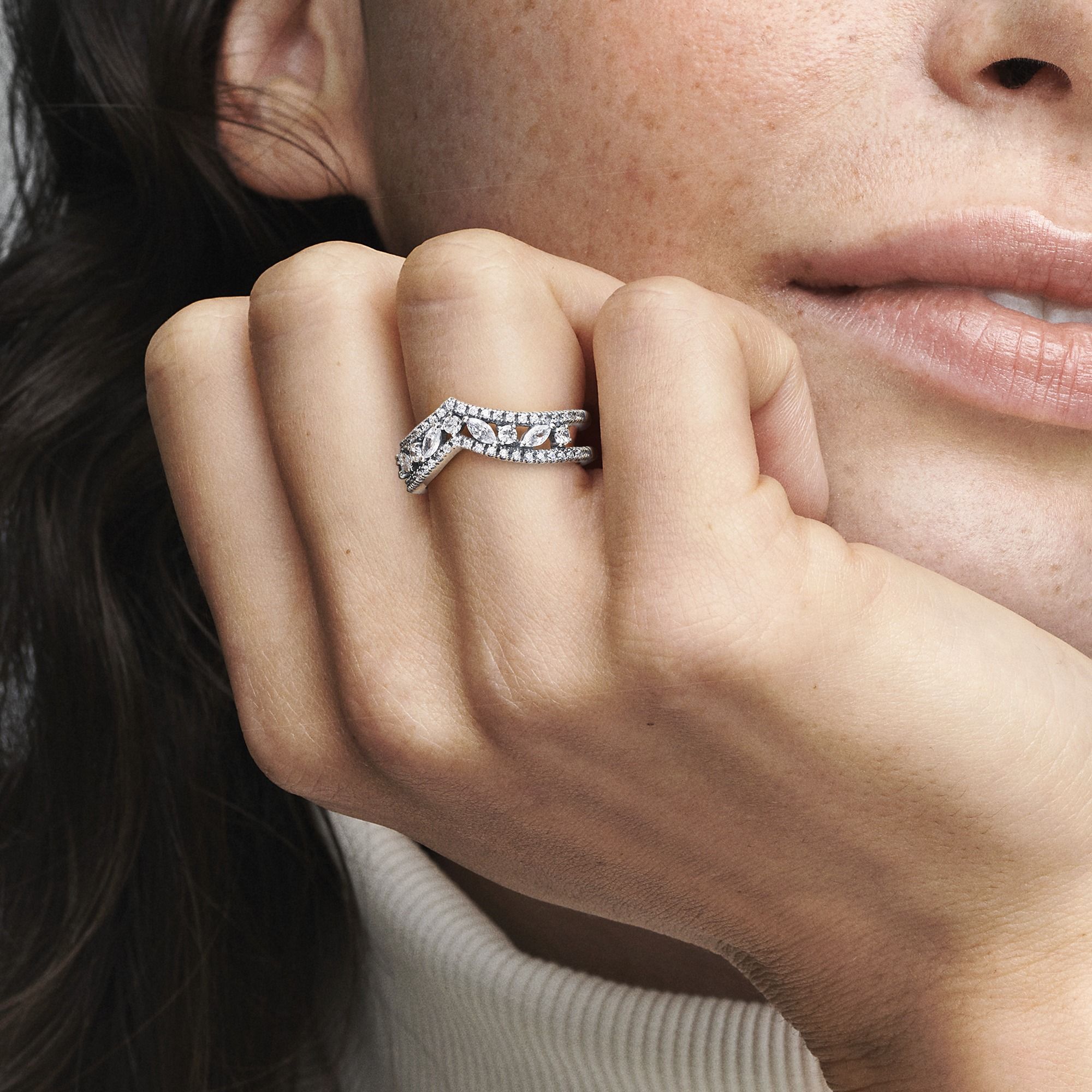 Wishbone sterling silver ring with CZ
