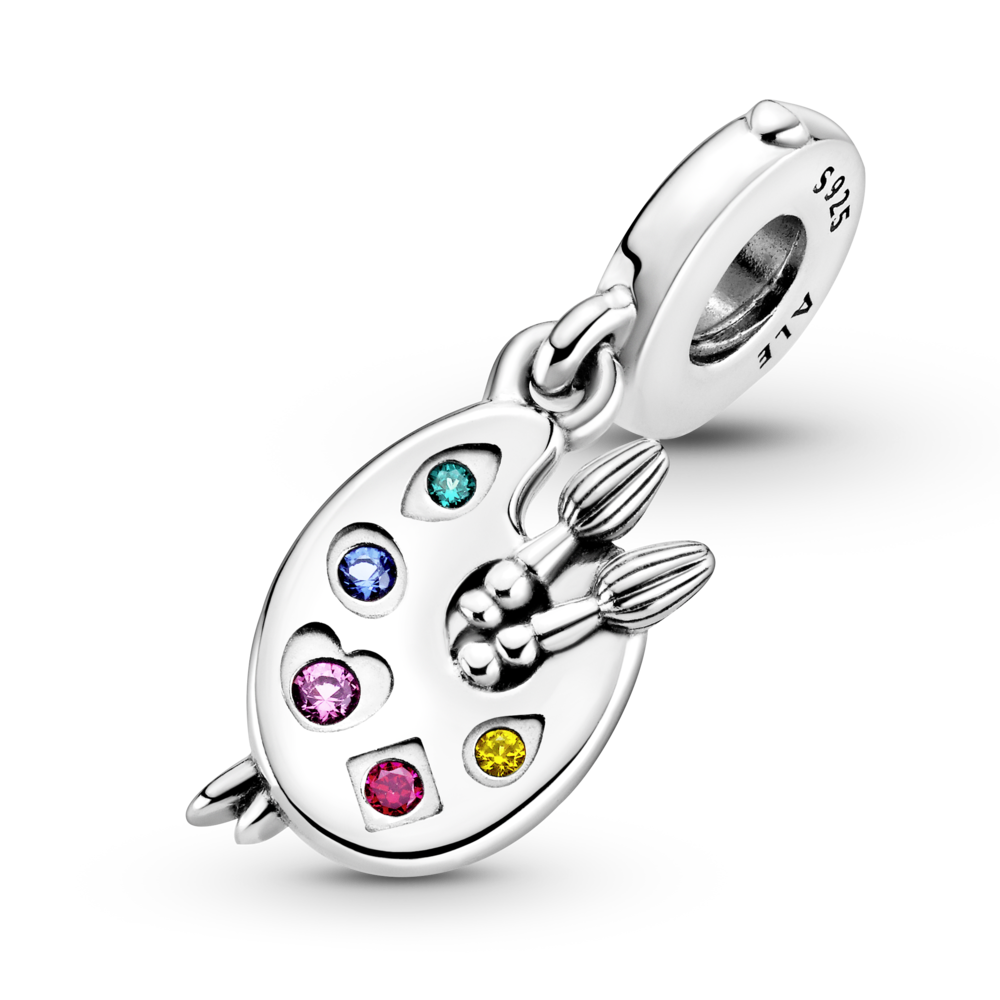 Artists palette sterling silver dangle with red CZ, phlox pink, blazing yellow and lake green and stella blue crystal