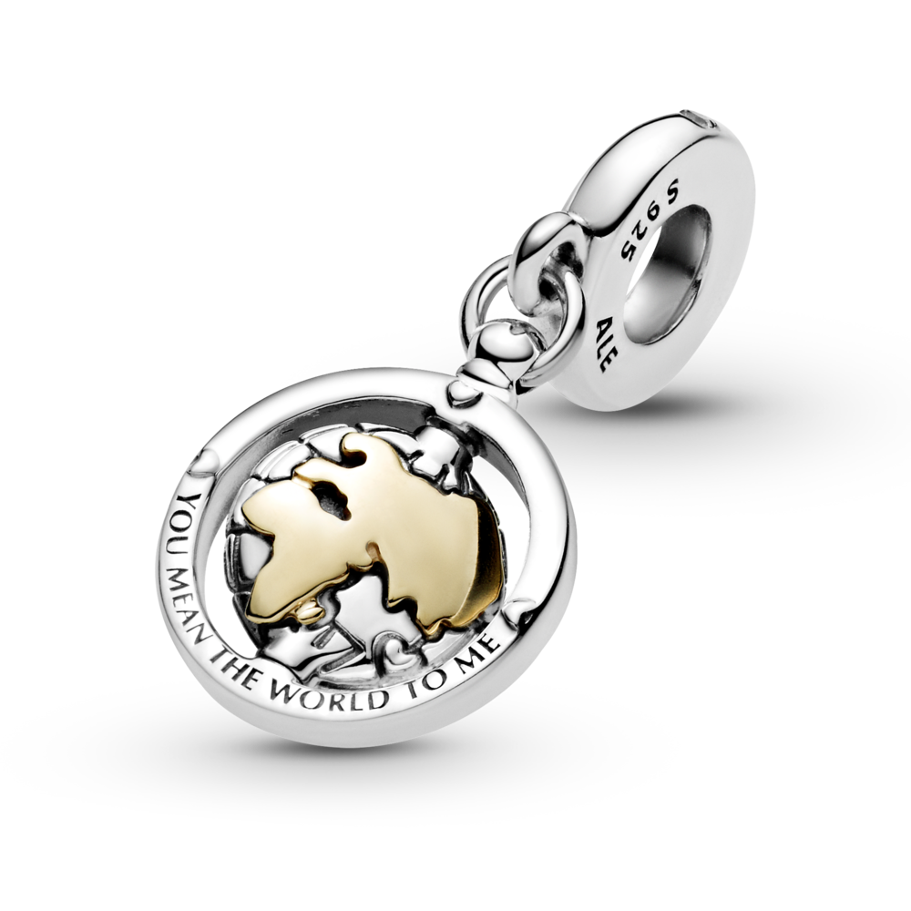 Spinning world sterling silver and 14k gold dangle with CZ