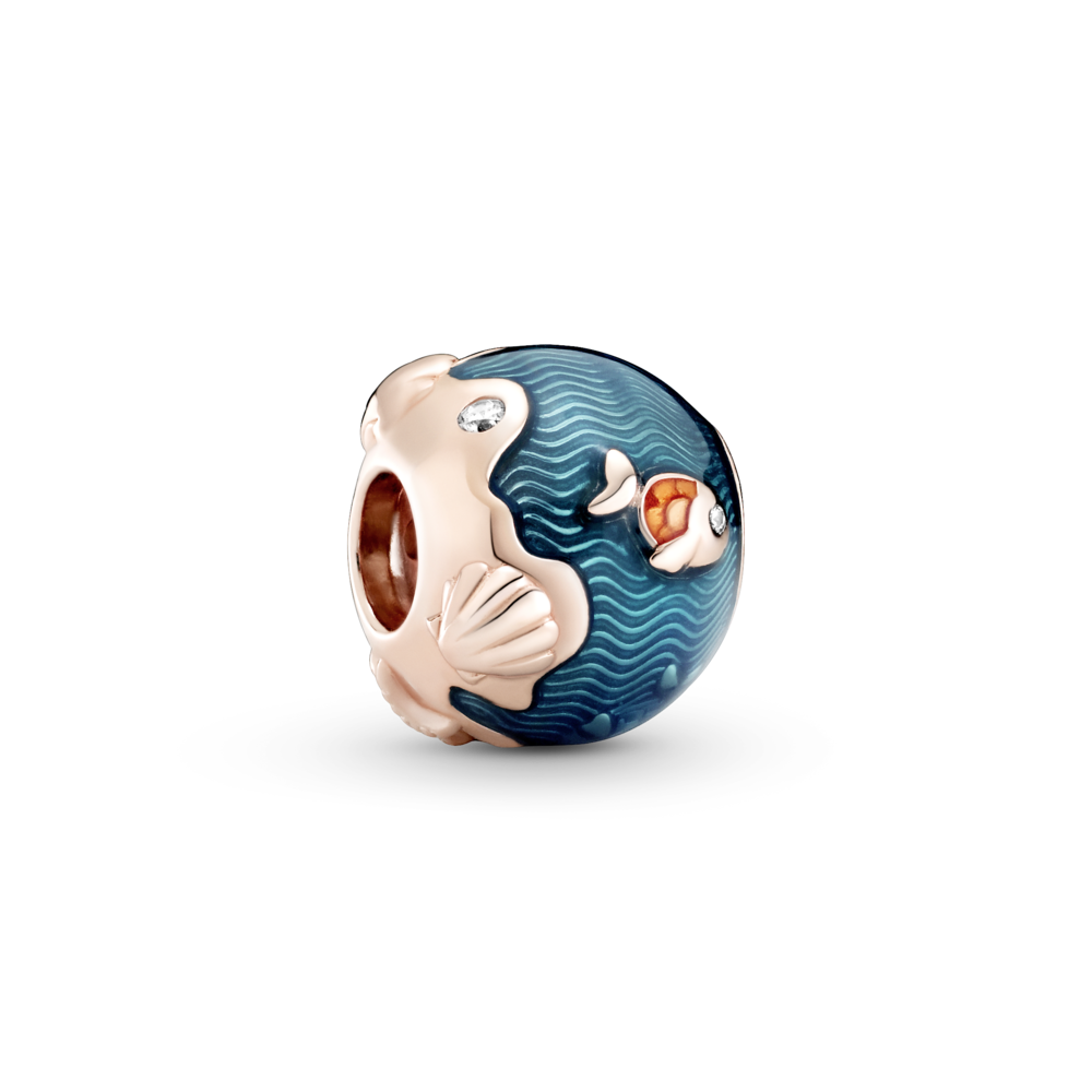 Fish and ocean Pandora Rose charm with CZ and orange, blue enamel
