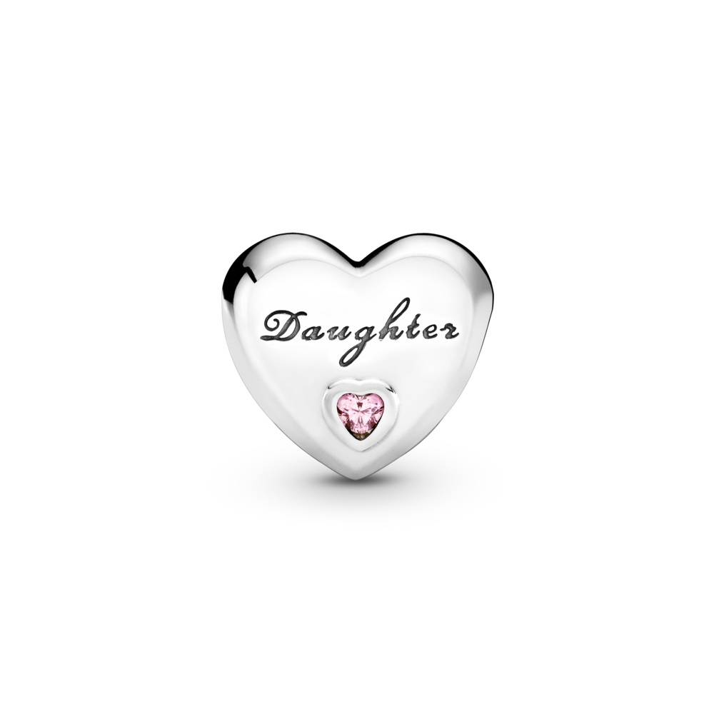 Daughter heart silver charm with pink CZ