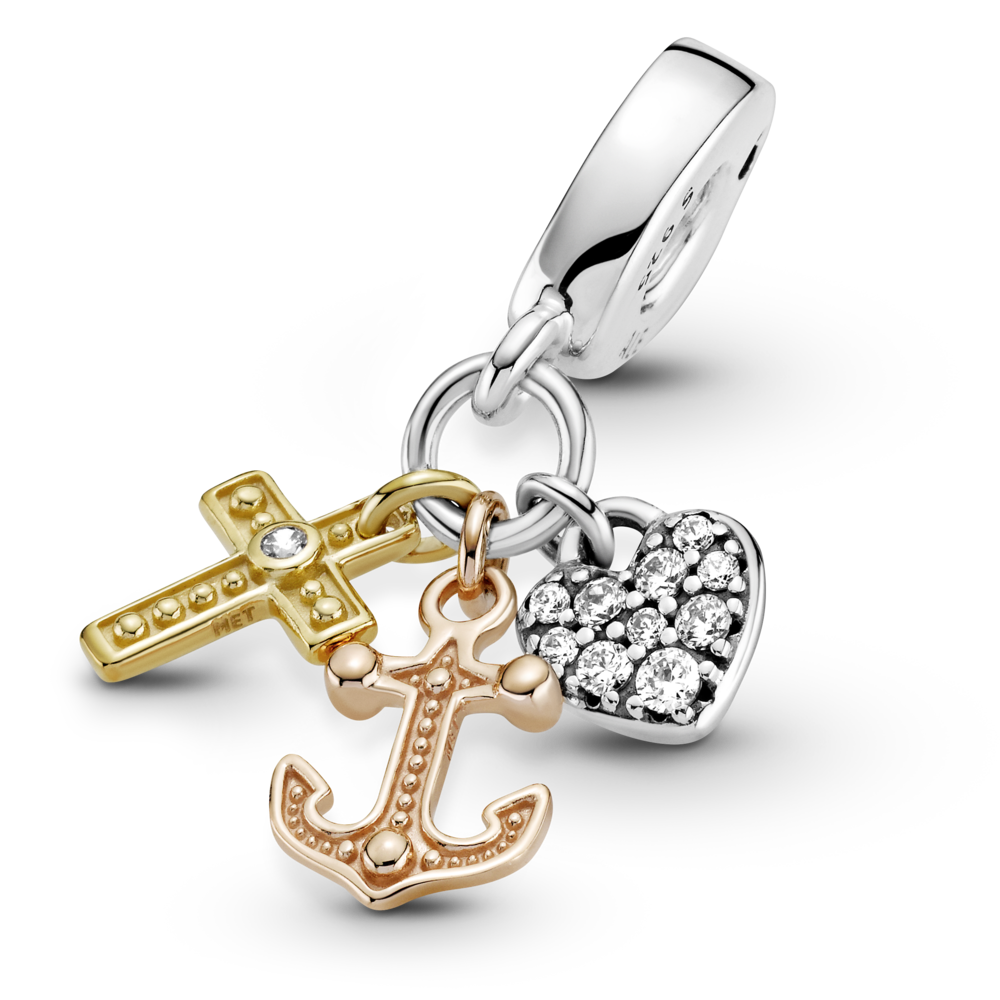 Anchor, heart and cross in sterling silver, 14k gold-plated and 14k rose gold-plated dangle with CZ