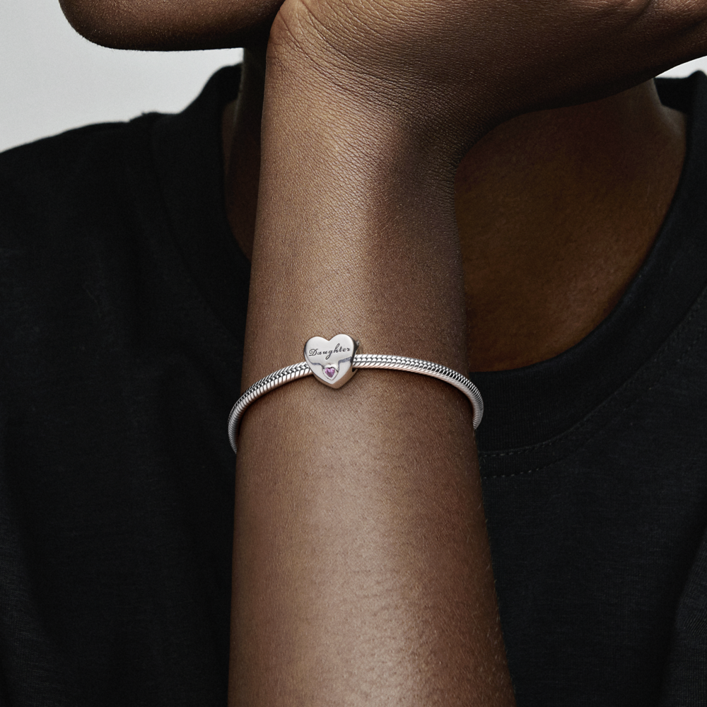 Daughter heart silver charm with pink CZ