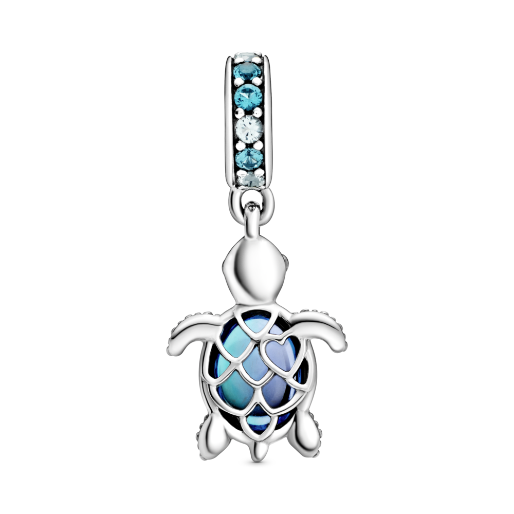 Sea turtle sterling silver dangle with icy green, bleached aqua blue crystal and peacock Murano glass