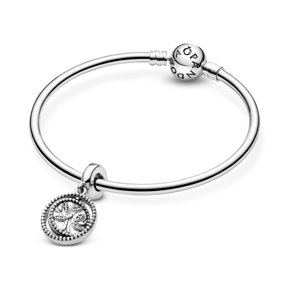Spinning family tree silver dangle with CZ and white enamel
