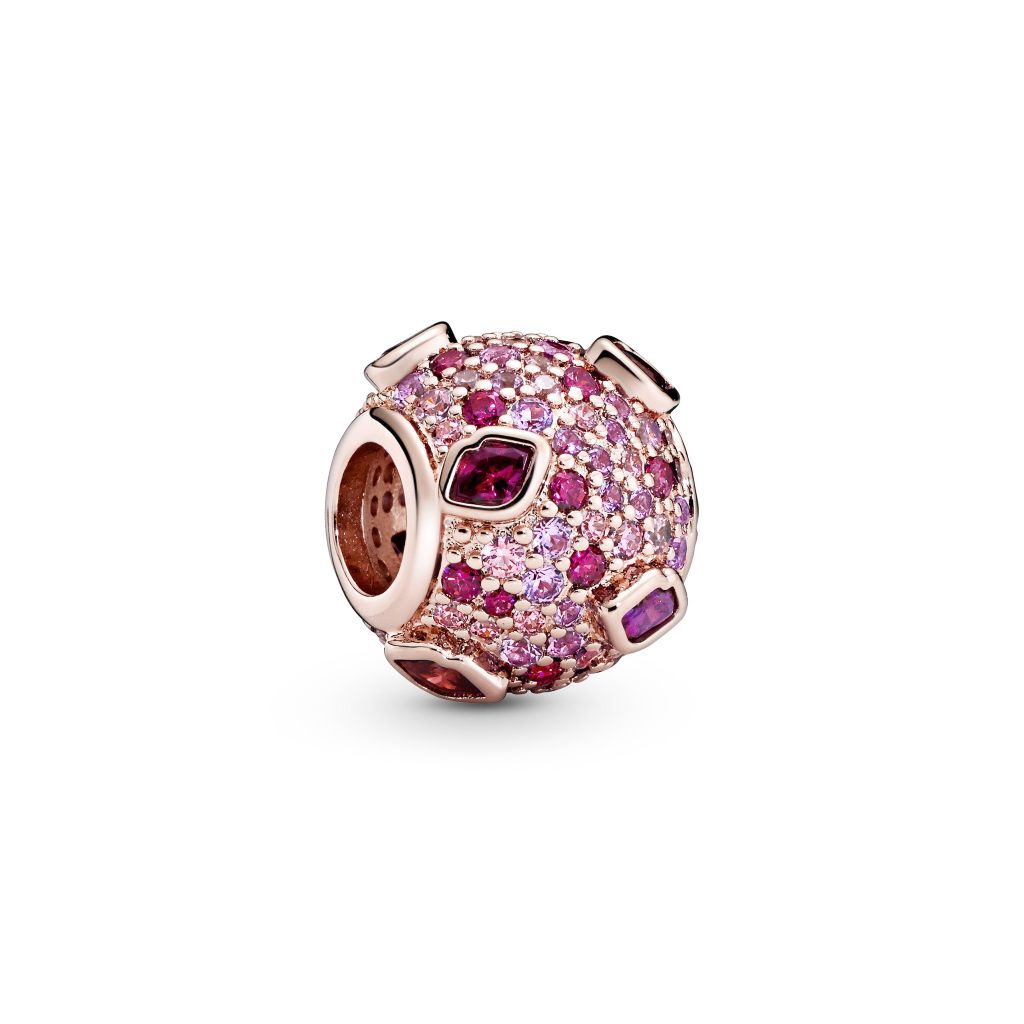 Kiss 14k rose gold-plated charm with red cubic zironia, pink synthetic sapphire and fancy fairy tale pink CZ