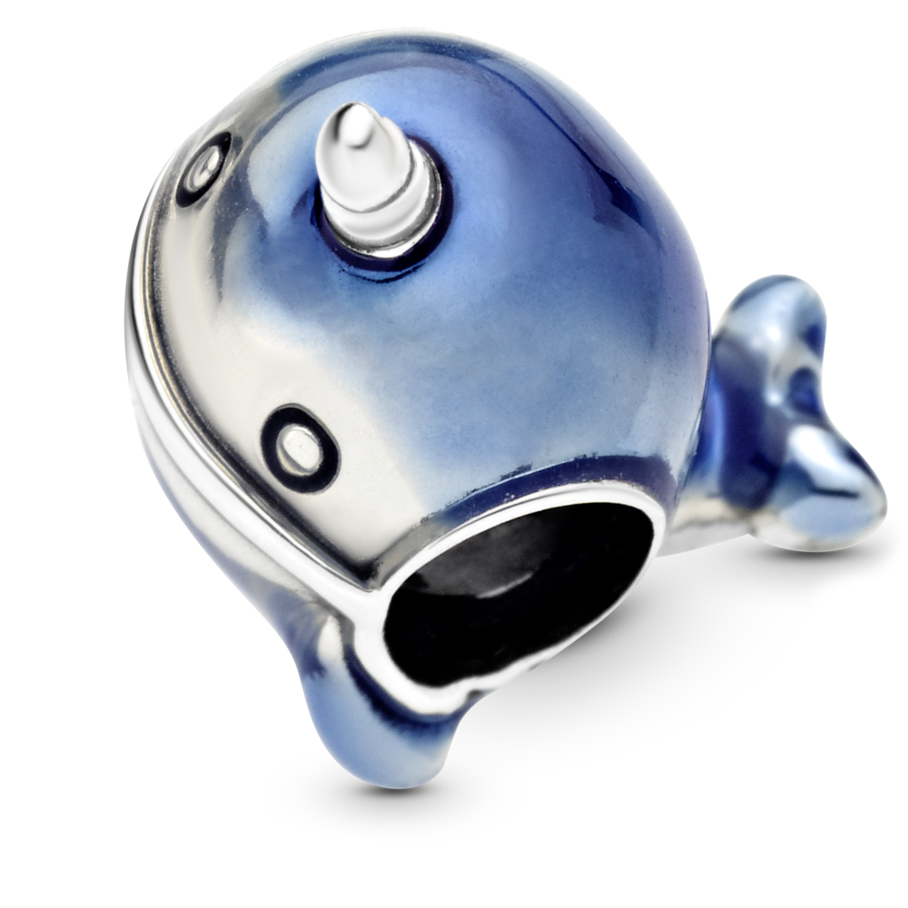 Narwhal sterling silver charm with transparent blue enamel