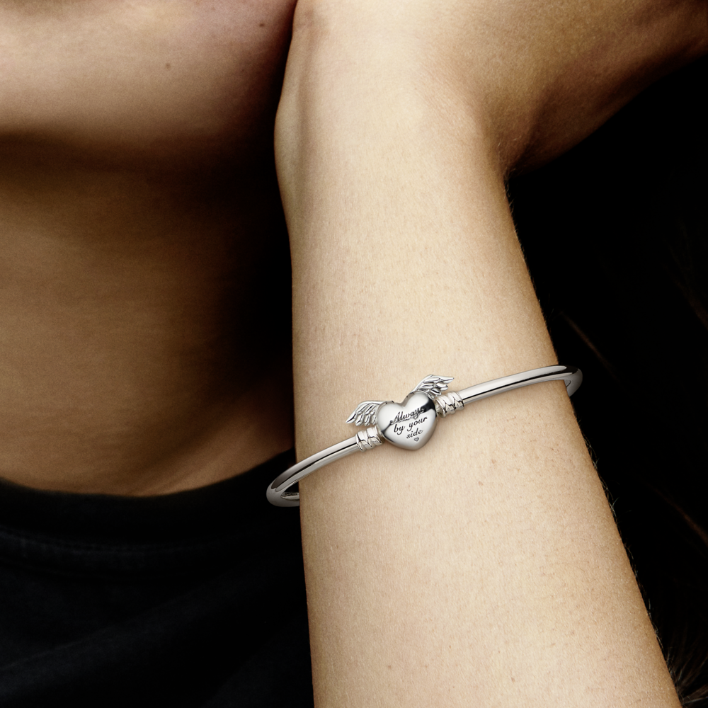Sterling silver bangle with heart and wings clasp
