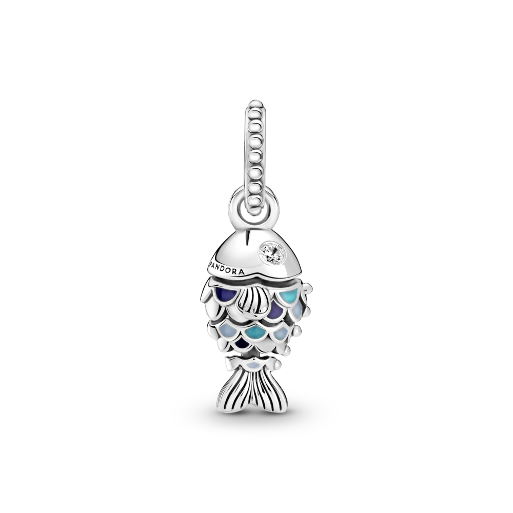 Fish sterling silver dangle with CZ, true navy, capri blue and pastel blue enamel