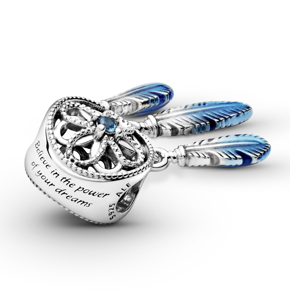 Dreamcather sterling silver charm with fancy blue CZ and transparent blue enamel