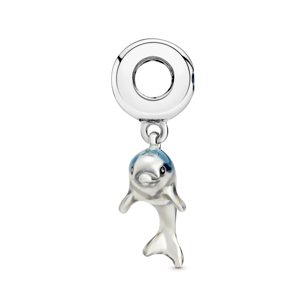 Dolphin sterling silver dangle with icy green crystal and blue enamel