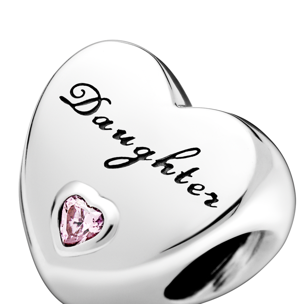 Daughter heart silver charm with pink CZ