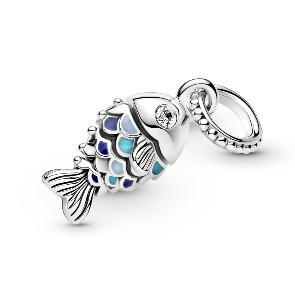 Fish sterling silver dangle with CZ, true navy, capri blue and pastel blue enamel