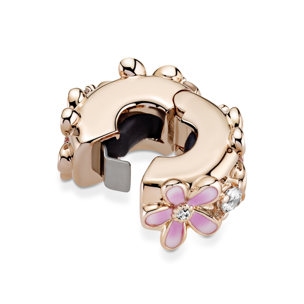 Daisy 14k rose gold-plated clip with CZ and shaded pink enamel and silicone grip