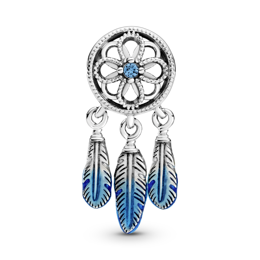 Dreamcather sterling silver charm with fancy blue CZ and transparent blue enamel