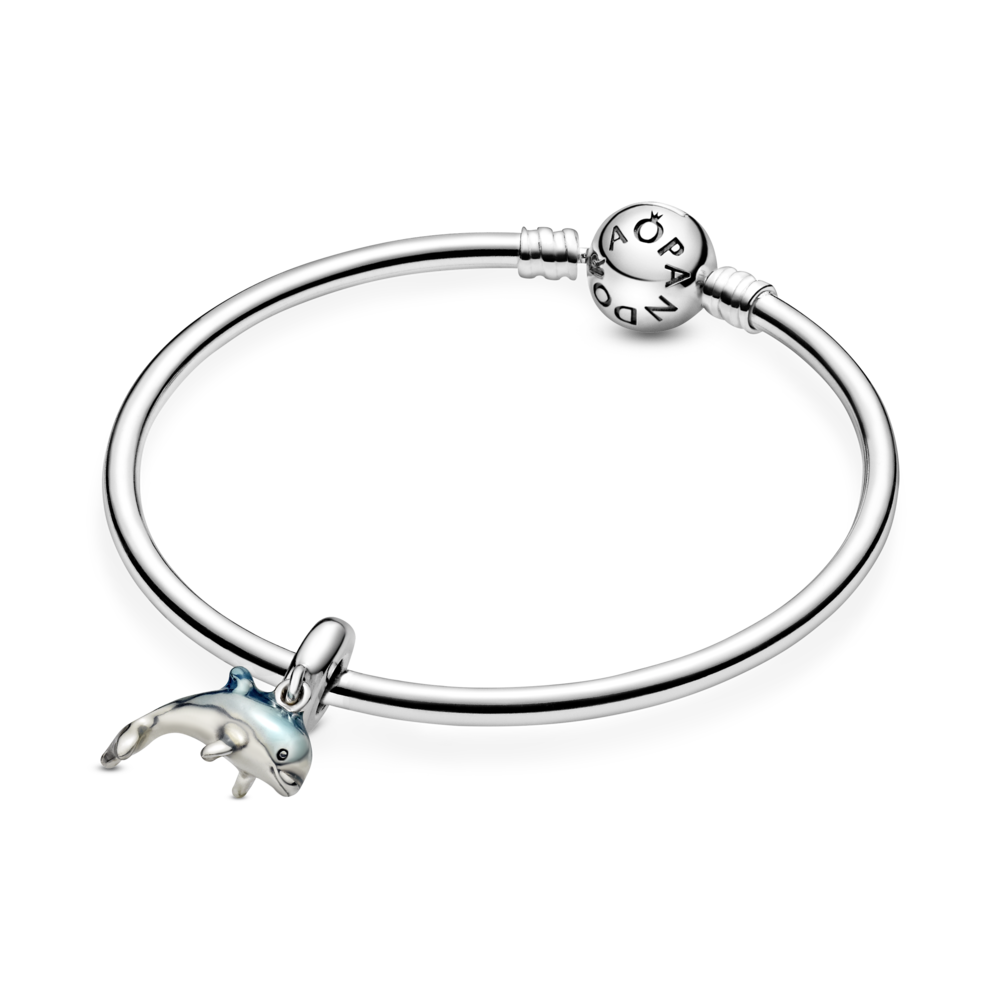 Dolphin sterling silver dangle with icy green crystal and blue enamel