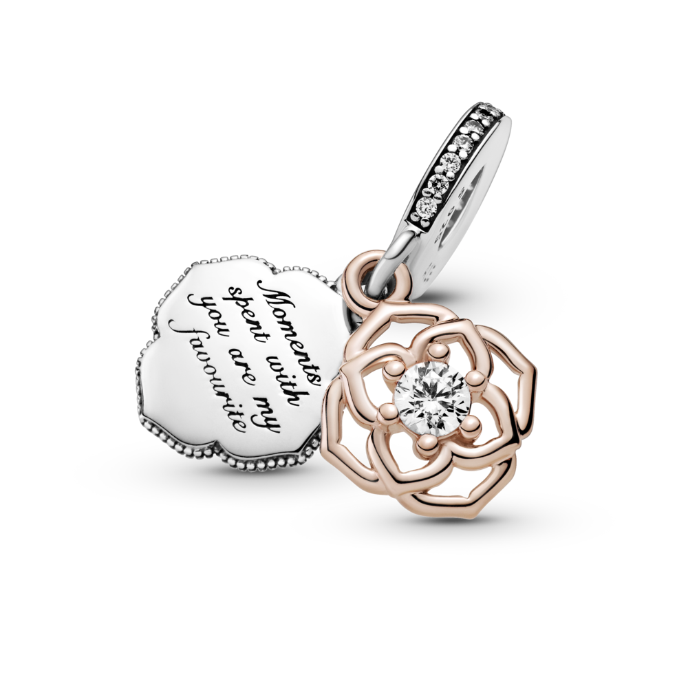 Rose flower sterling silver and 14k rose gold-plated dangle with shimmering enamel and CZ