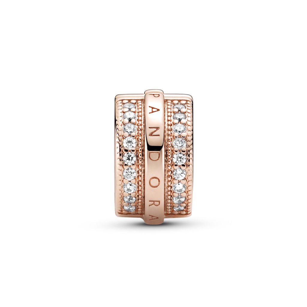 Pandora logo 14k rose gold-plated clip with CZ and silicone grip