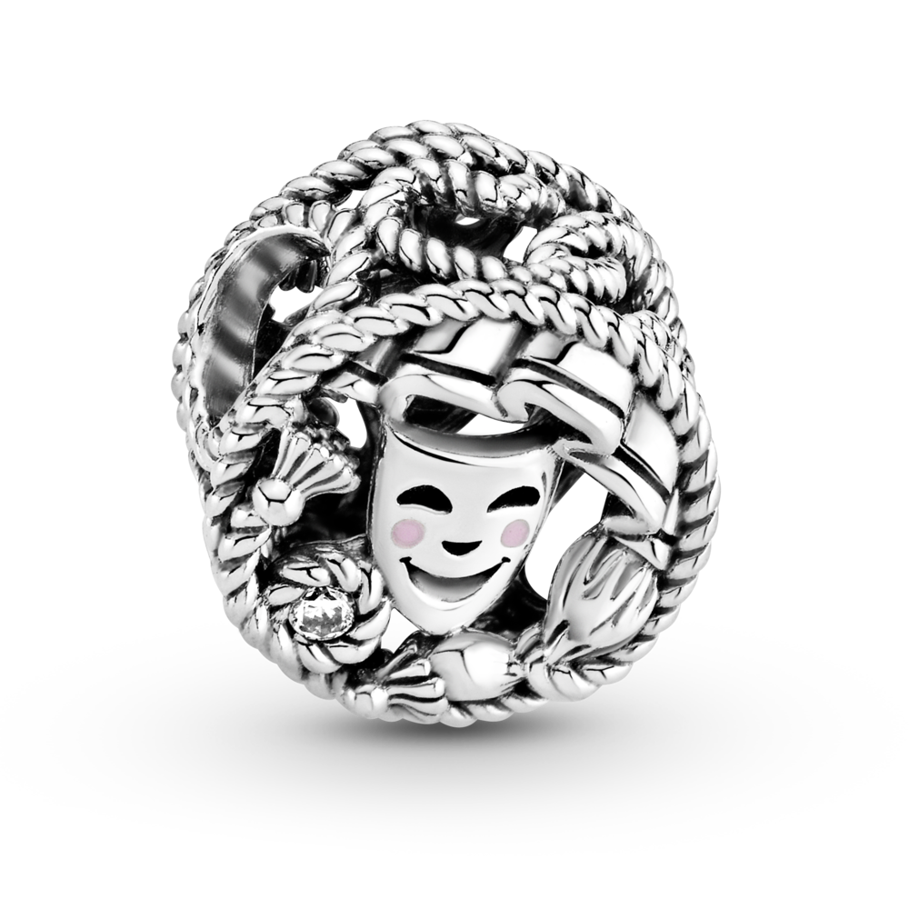 Theatre masks sterling silver charm with CZ and pink and blue enamel