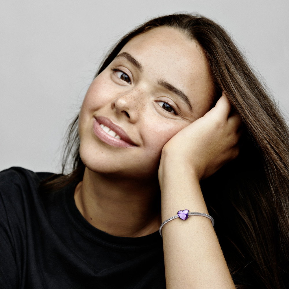 Heart sterling silver charm with purple enamel
