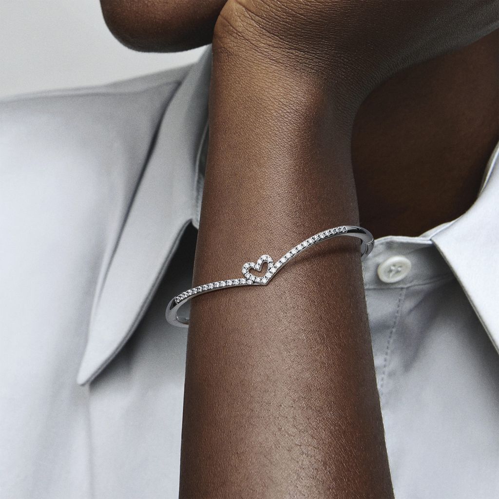 Heart and wishbone sterling silver bangle with CZ