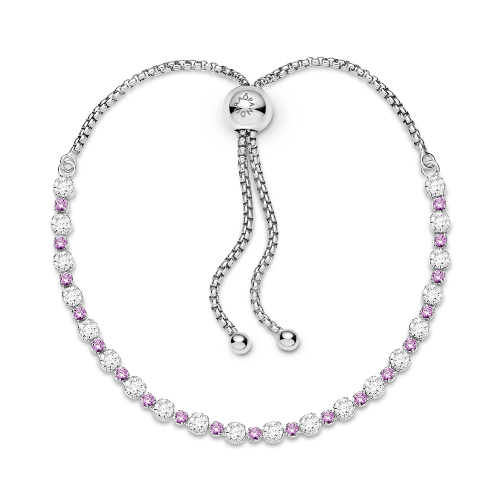 Rhodium plated sterling silver slider bracelet with CZ and synthetic pink sapphire