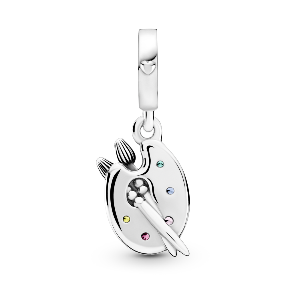 Artists palette sterling silver dangle with red CZ, phlox pink, blazing yellow and lake green and stella blue crystal