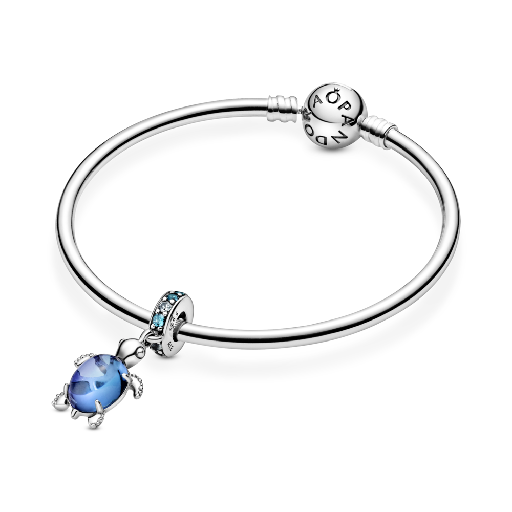 Sea turtle sterling silver dangle with icy green, bleached aqua blue crystal and peacock Murano glass