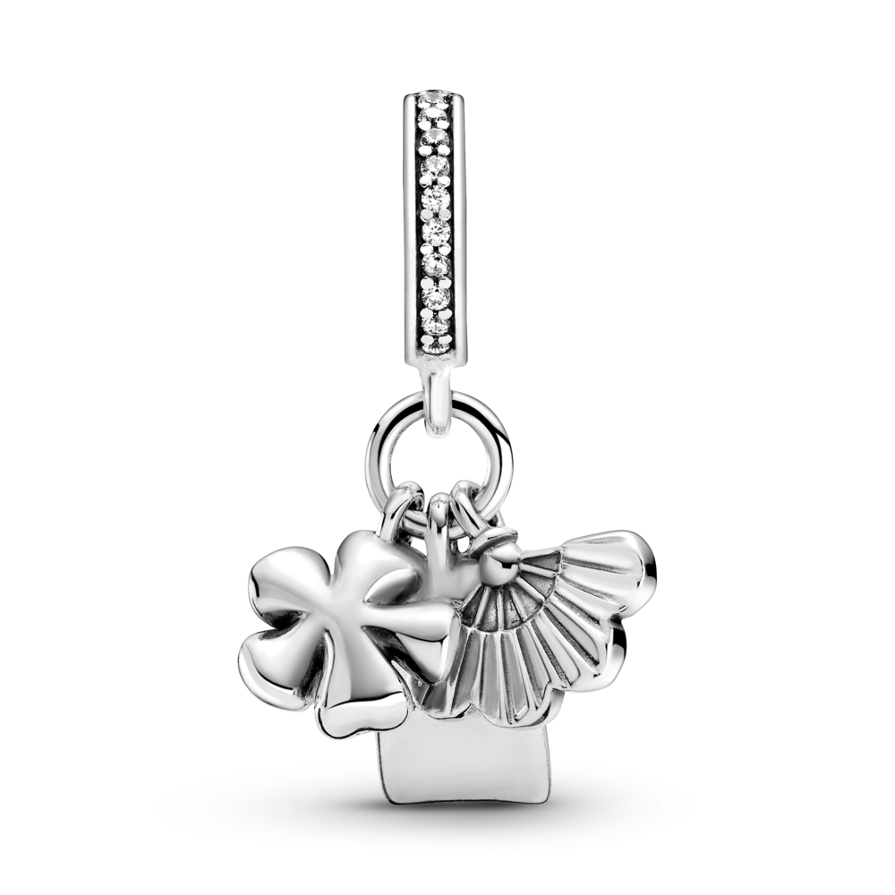 Sakura, omamori and fan sterling silver dangle with CZ, pink, purple and yellow enamel