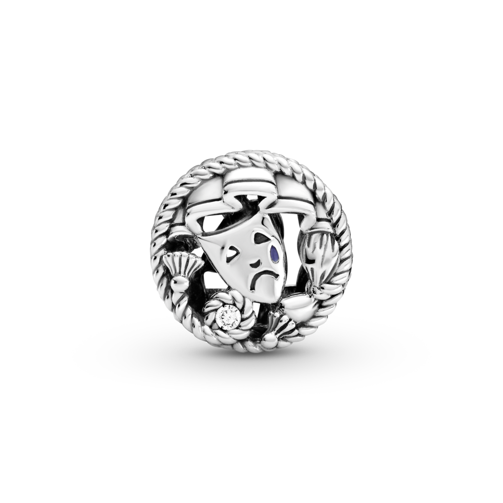Theatre masks sterling silver charm with CZ and pink and blue enamel
