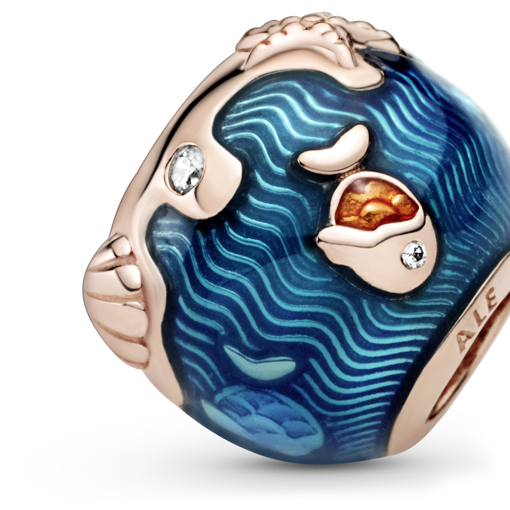 Fish and ocean Pandora Rose charm with CZ and orange, blue enamel