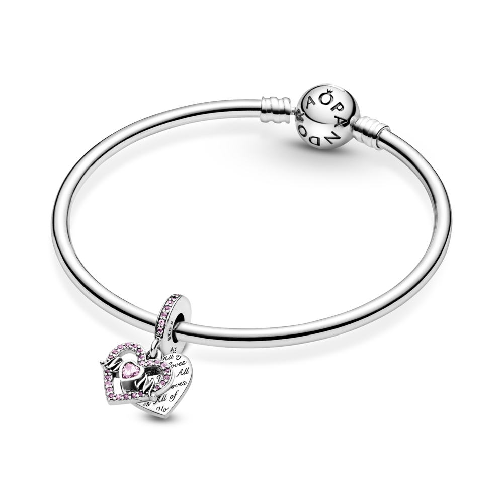 Mum heart sterling silver dangle with fancy fairy tale pink CZ, phlox pink and cerise crystal
