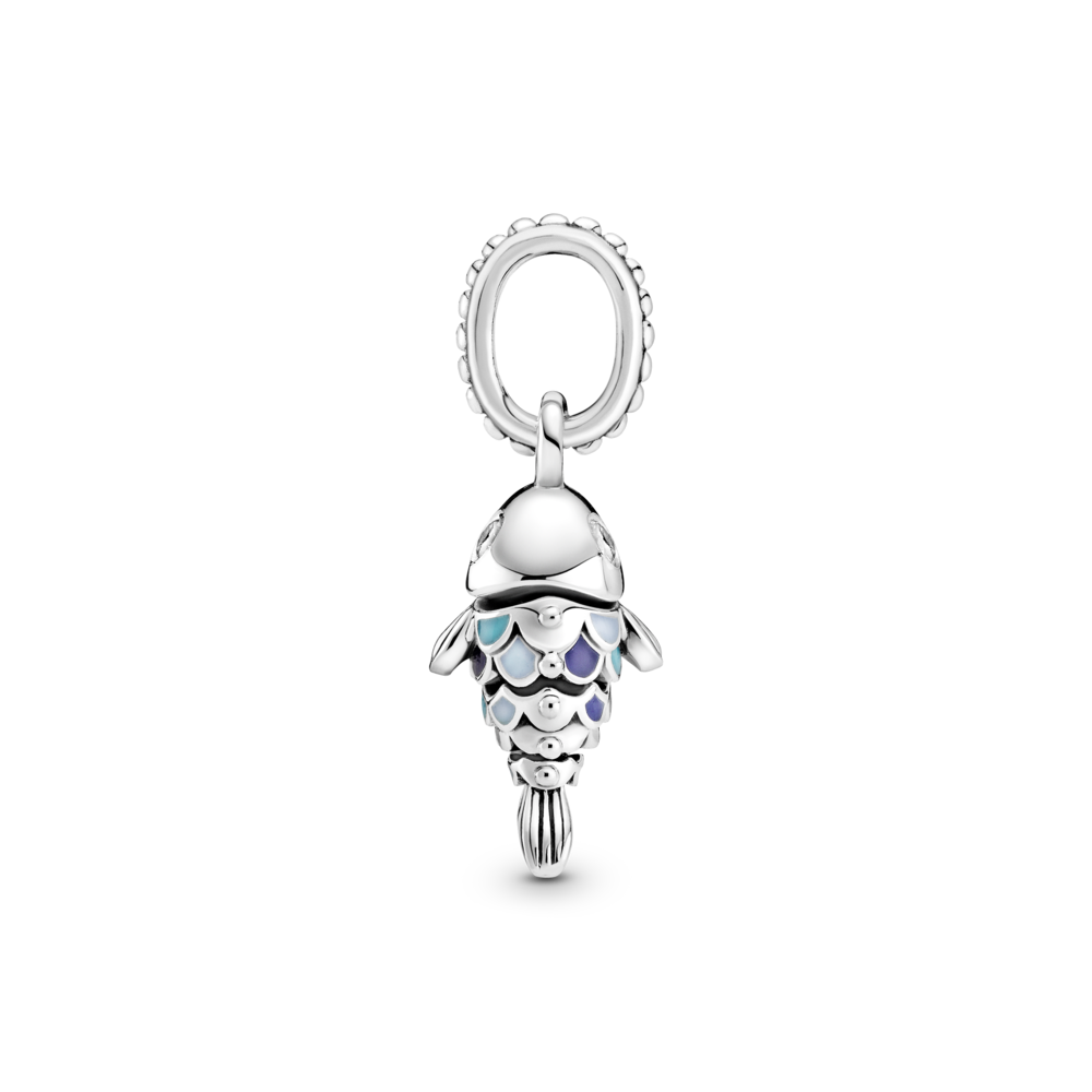 Fish sterling silver dangle with CZ, true navy, capri blue and pastel blue enamel