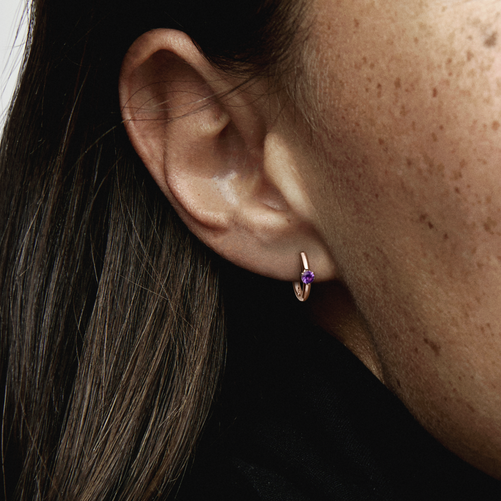 14k rose gold-plated hoop earrings with royal purple crystal