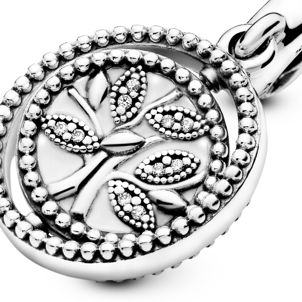 Spinning family tree silver dangle with CZ and white enamel