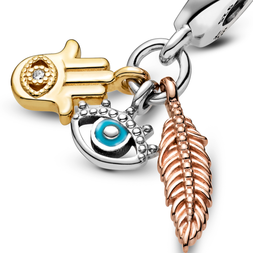 Hand, eye and feather sterling silver, 14k gold-plated and 14k rose gold-plated dangle with CZ and turquoise enamel