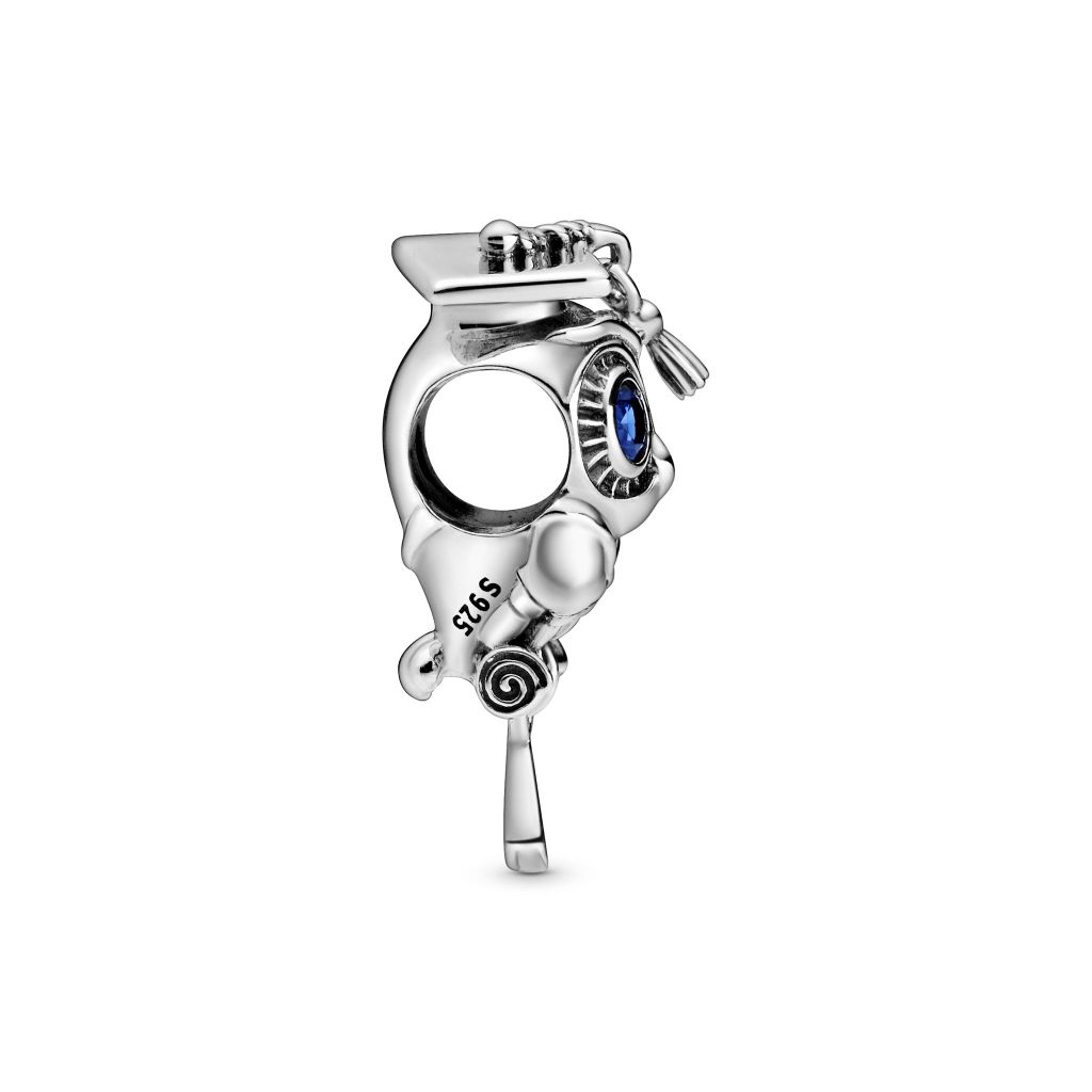 Graduation owl sterling silver charm with stellar blue crystal