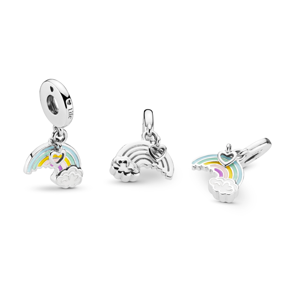 Rainbow and cloud silver dangle with blue, green, pink, purple, yellow and white enamel