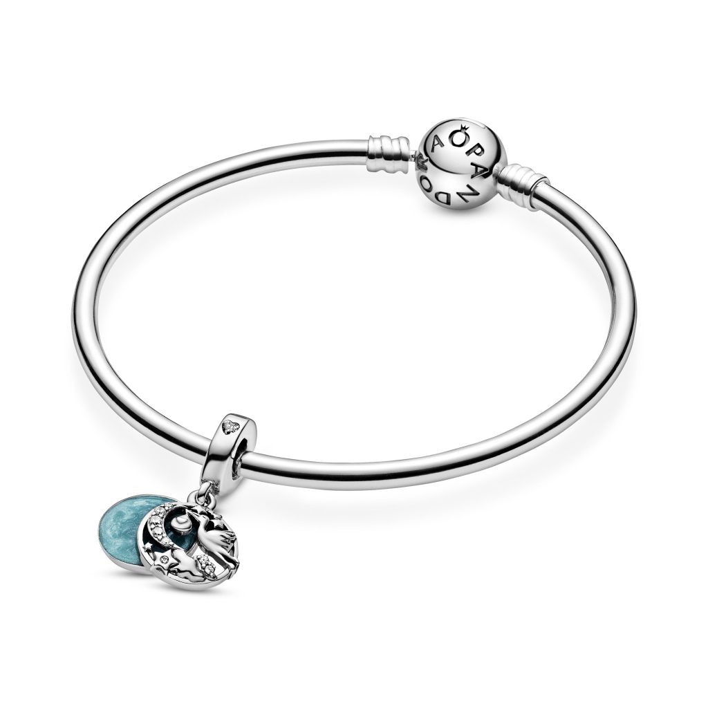Stork sterling silver dangle with CZ and shimmering blue enamel