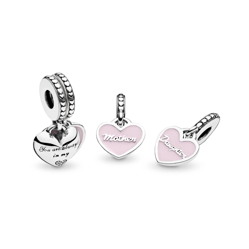 Mother and daughter split heart silver dangle with CZ and pink enamel
