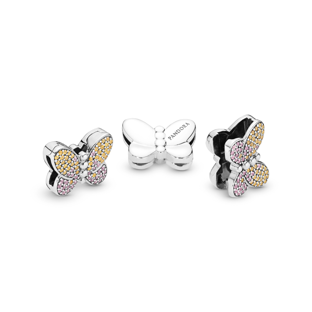 Pandora Reflexions butterfly silver clip charm with honey CZ and rose pink crystal