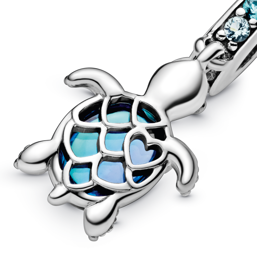 Sea turtle sterling silver dangle with icy green, bleached aqua blue crystal and peacock Murano glass